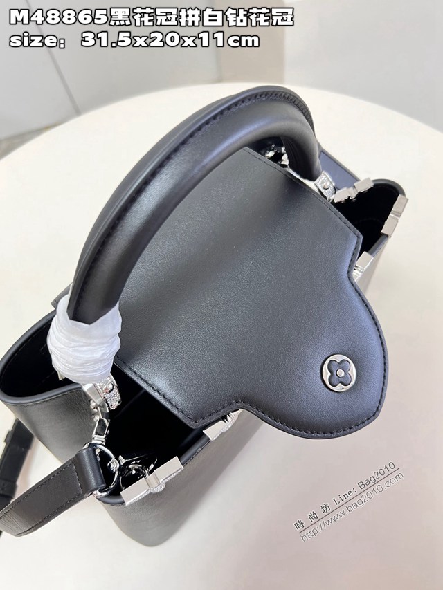 LV專櫃2023新款鱷魚紋手提肩背女包 M48865黑花冠拼白鑽花冠 路易威登中號Capucines MM手袋 dn1178